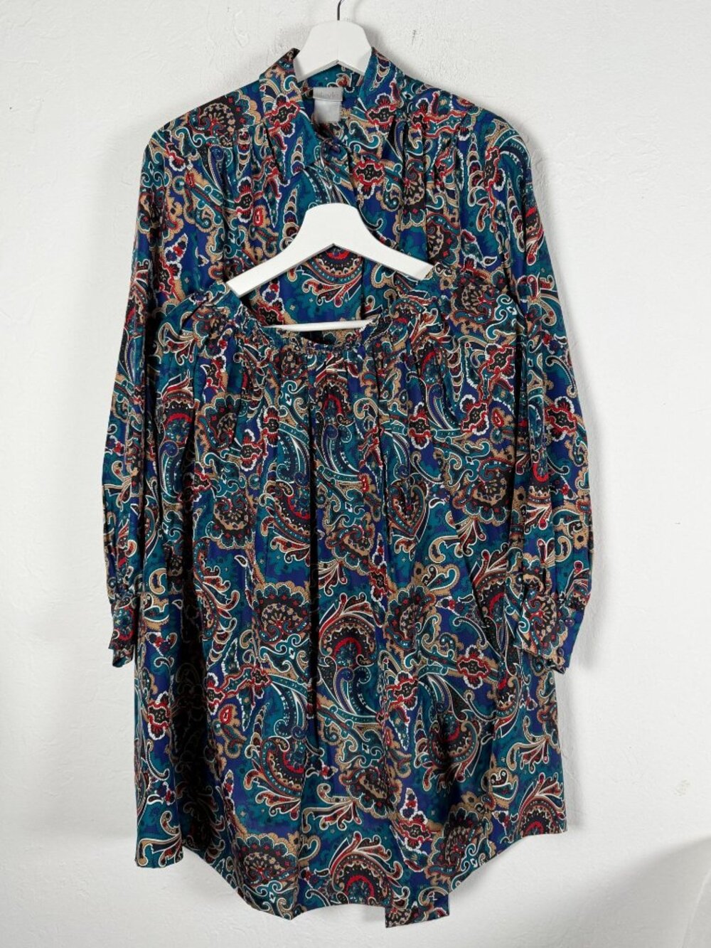 Vintage Bleyle Womens Paisley Print 2pc Set Blouse & Skirt Blue Teal Size 12 USA